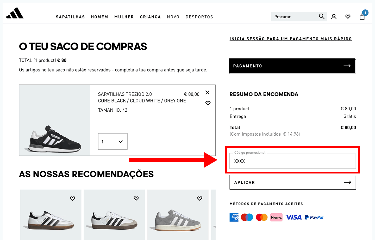 adidas, passo 2: insira o código