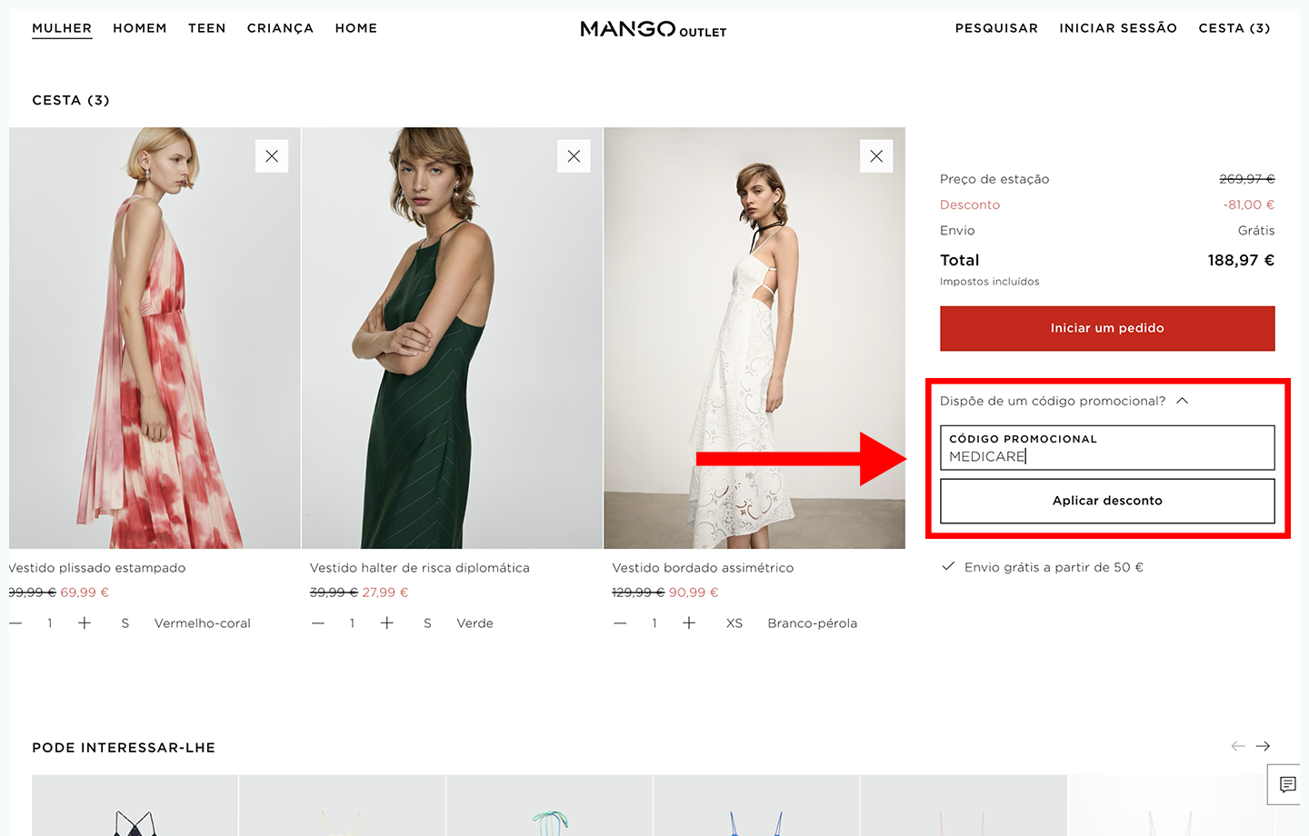 mango outlet, passo 3: insira código