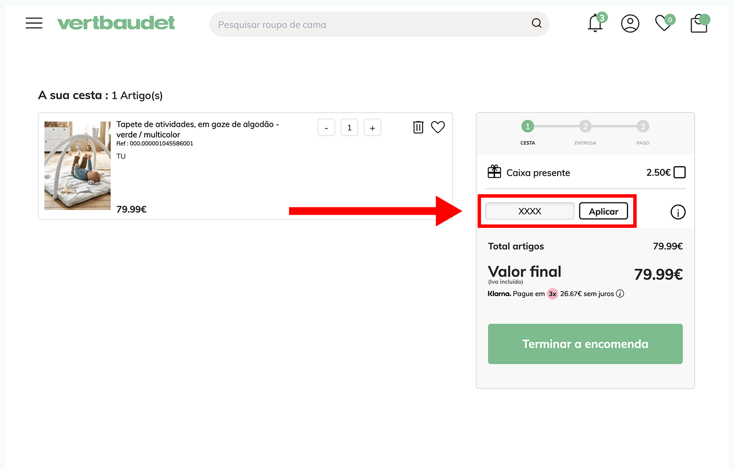 vertbaudet, passo 3: insira código