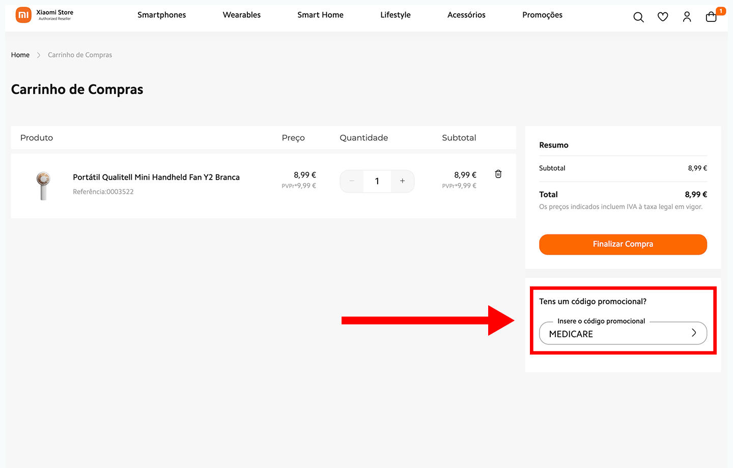 xiaomi store, passo 3: insira o código